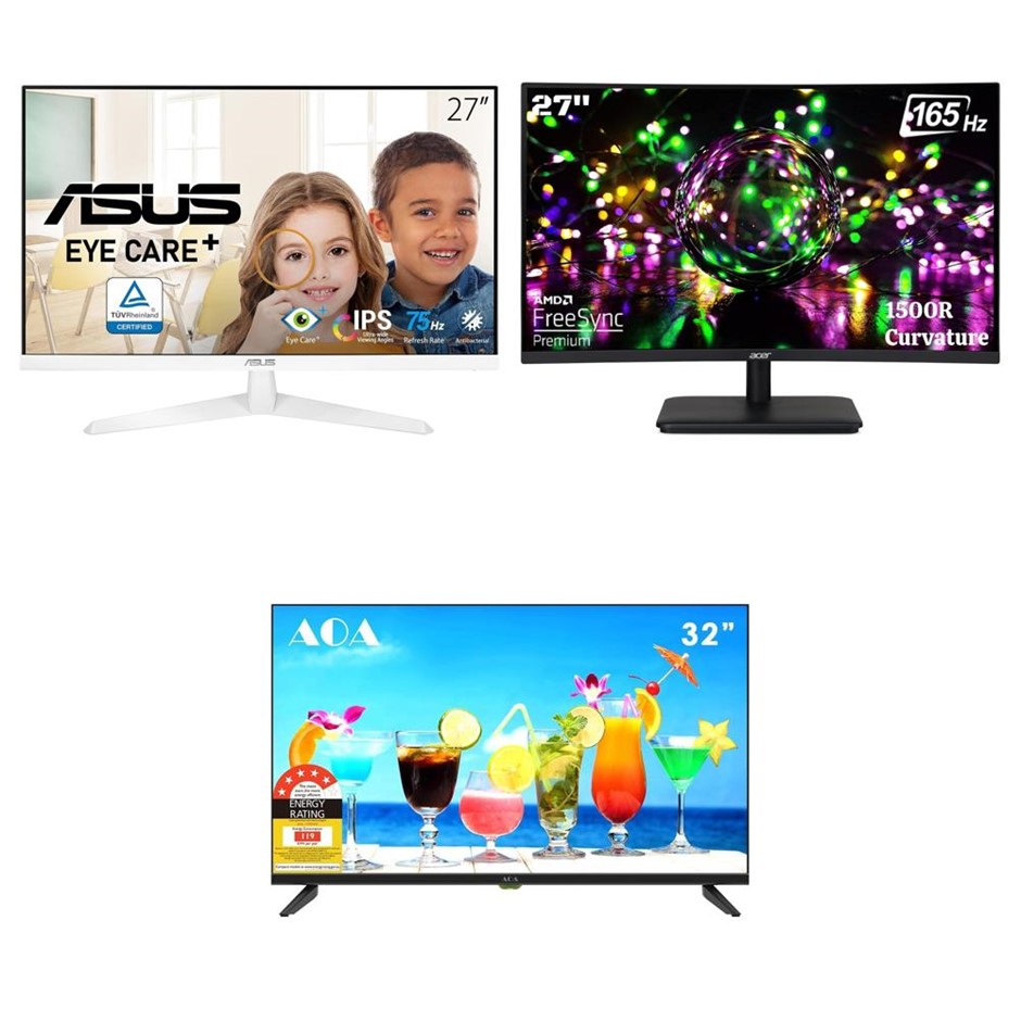 3 x Assorted Monitors. Incl: 1 x AOA LTW32HD, 1 x ACER ED270R 27 Inch, 1 x