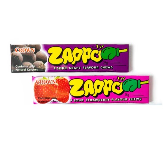 55 x ZAPPO Sour Flavour Chews 26g, Mixed Flavours (Grape Strawberry).
