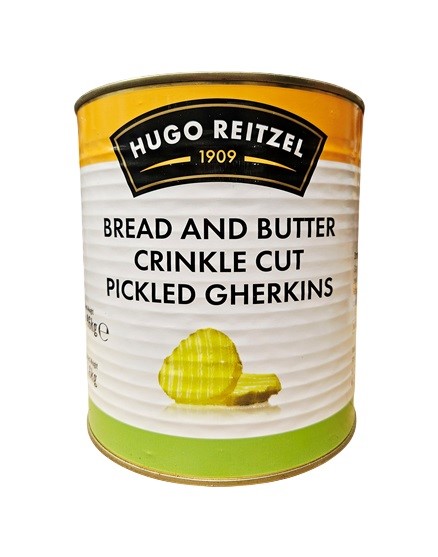 6 x HUGO REITZEL Bread & Butter Crinkle Cut Pickled Gherkins, 2.96kg. Best