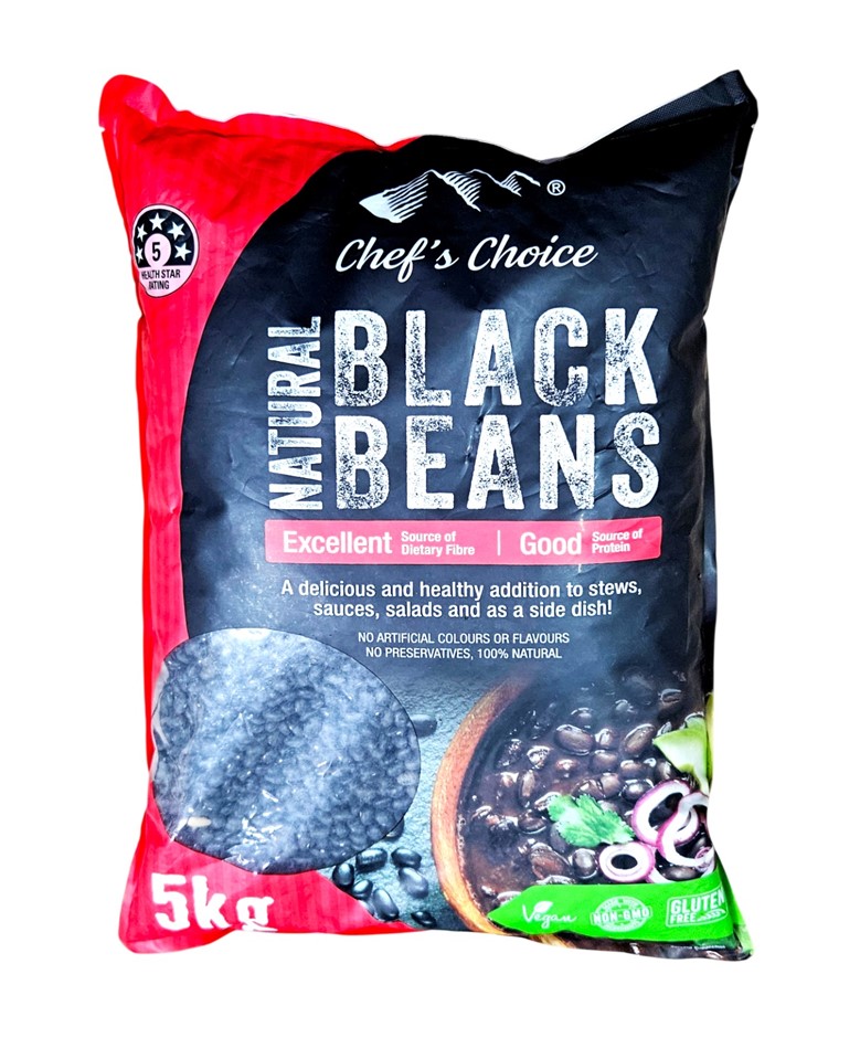 2 x CHEF'S CHOICE Natural Black Beans, 5kg. N.B: Damaged packaging.
