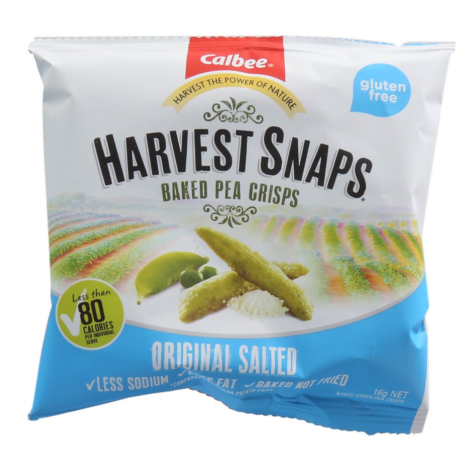100 x CALBEE Harvest Snap Baked Pea Crisps 16g, Single Serve. Best Before:
