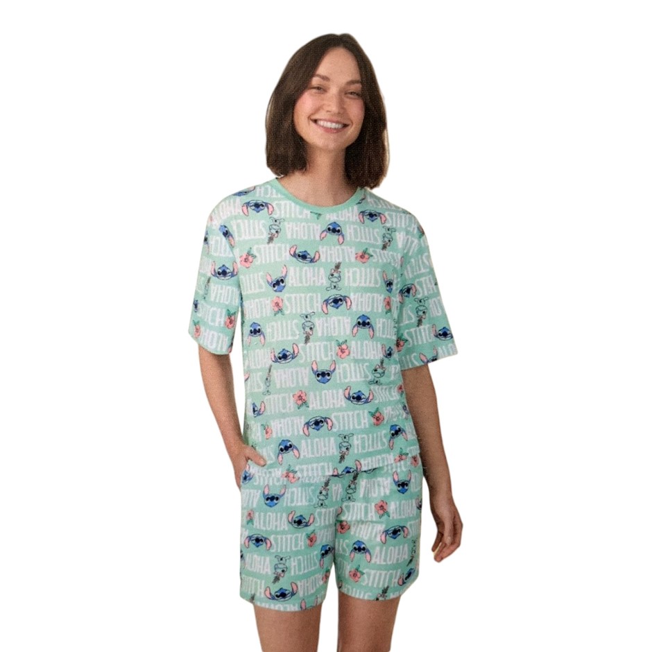 DISNEY Women's Character PJ Set, Size M, Stitch/Green.
