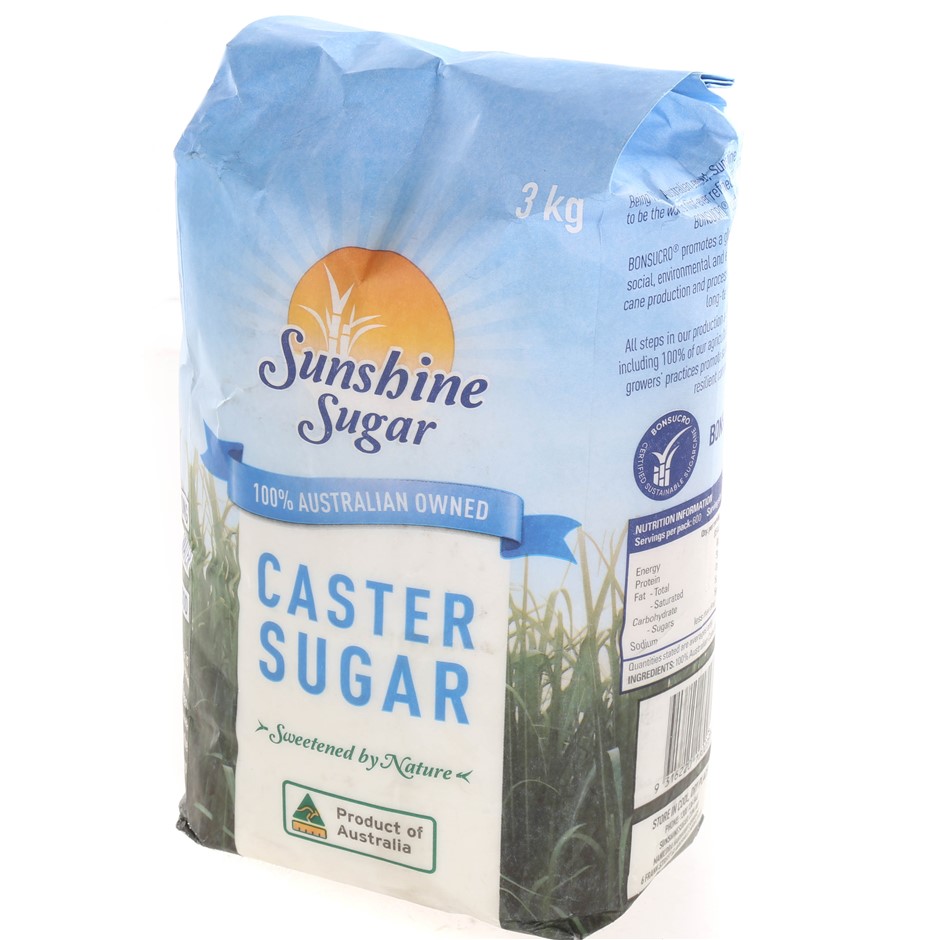 6 x Assorted SUNSHINE SUGAR Packs, Incl: 3 x Caster Sugar, 3kg & 3 x White