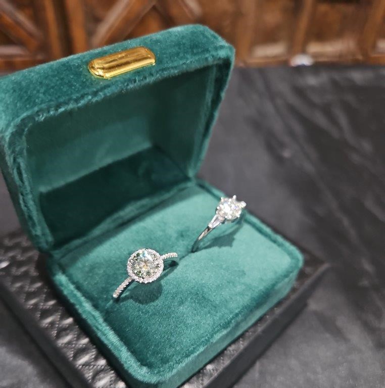 2pcsx1.0ct GRA Moissanite white & Blue Green Stone-925 Ring -9US