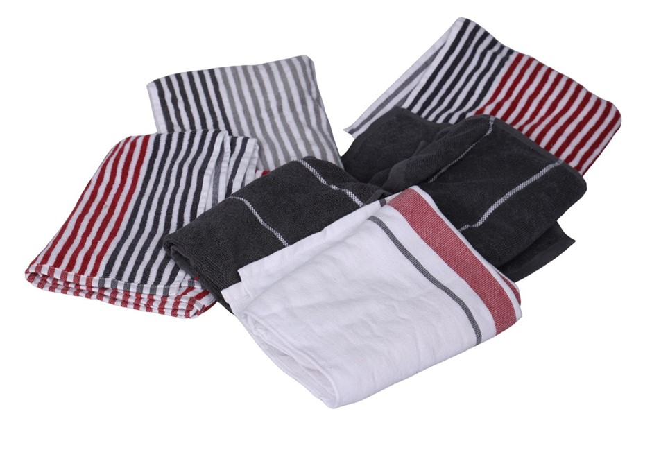 Set of 6pc Kitchen Hand Tea Towels, Grey & Red.