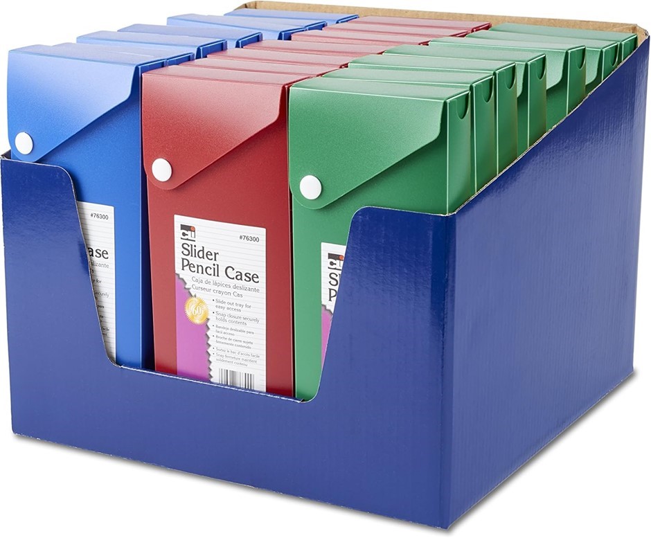 Charles Leonard Slider Pencil Case Box with Slide Out Tray and Snap Closure