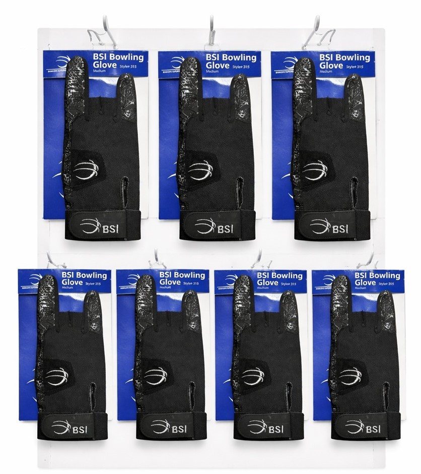 7 x BSI 315 Right Handed Bowling Gloves, Tacky Polyester Palm, Black, Mediu