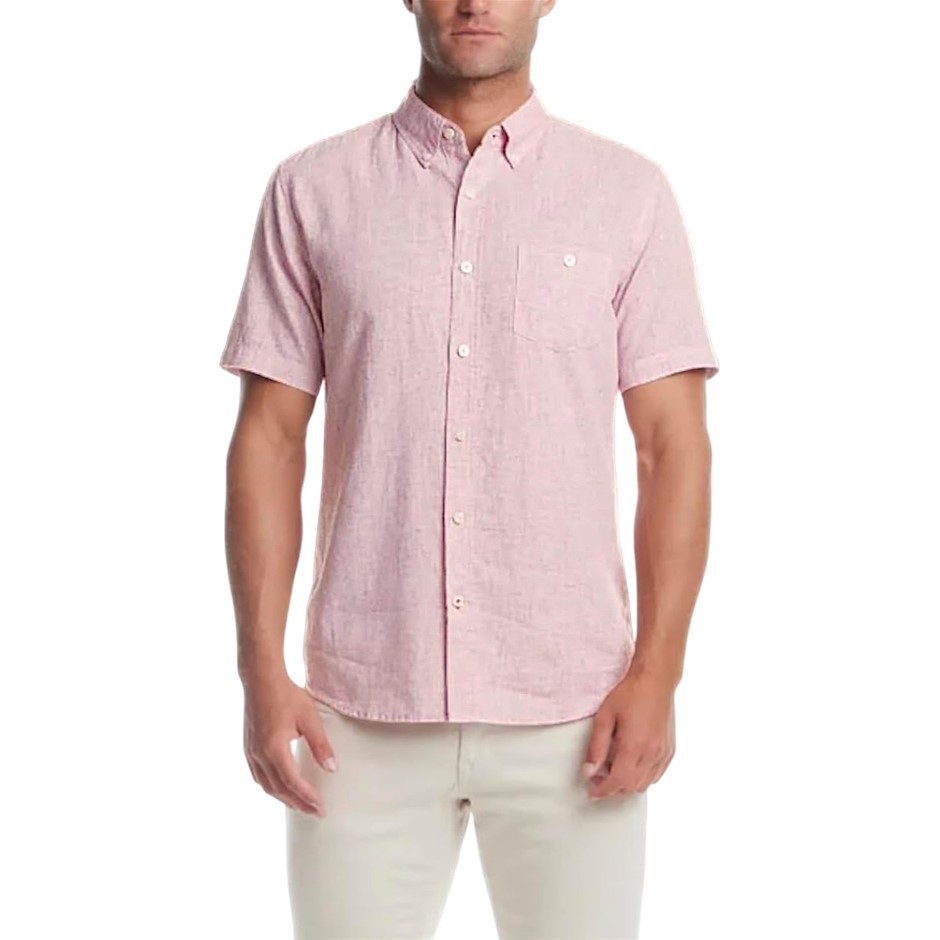 WEATHERPROOF Men's Linen S/S Shirt, Size XL, 55%Linen/45%Cotton, Scarlet Sa