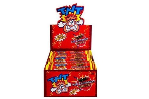 18 x Box of 80pc TNT SHOCK CHEWS RASBERRY. Best Before: 25/03/2026.