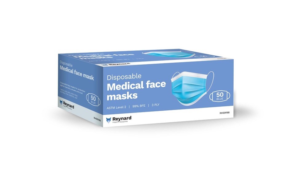10 x Pack of 50pc REYNARD Disposable Face Masks w/ Earloops, Blue.