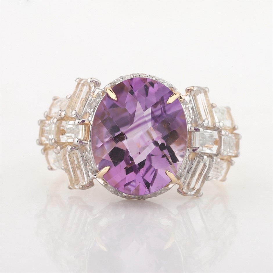 Yellow Gold Natural Amethyst & Diamond Ring with Valuation