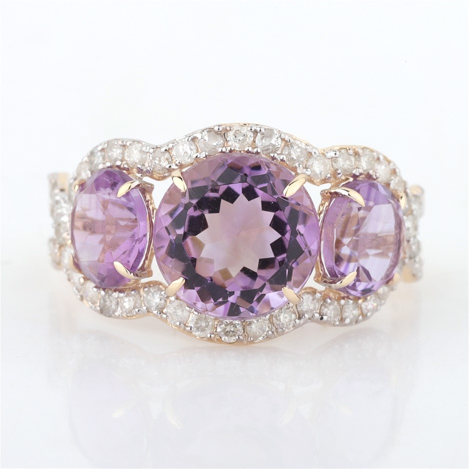 Yellow Gold Natural Amethyst & Diamond Ring with Valuation