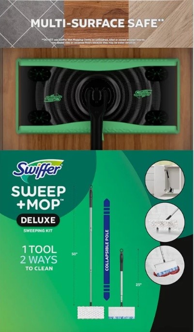 SWIFFER Sweep and Mop Deluxe Starter Kit, 18 x 3 wet cloths, 8 dry cloths.