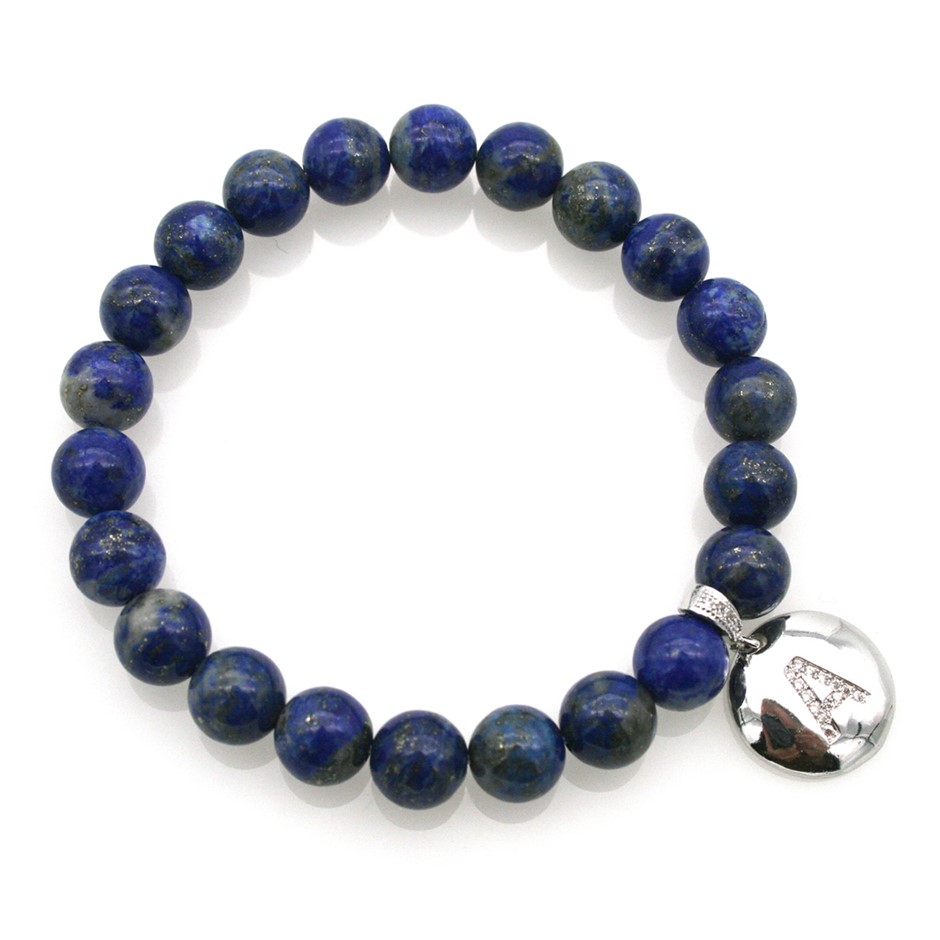 Round Lapis Lazuli & Letter 'A' Platinum Plated with CZ Bracelet