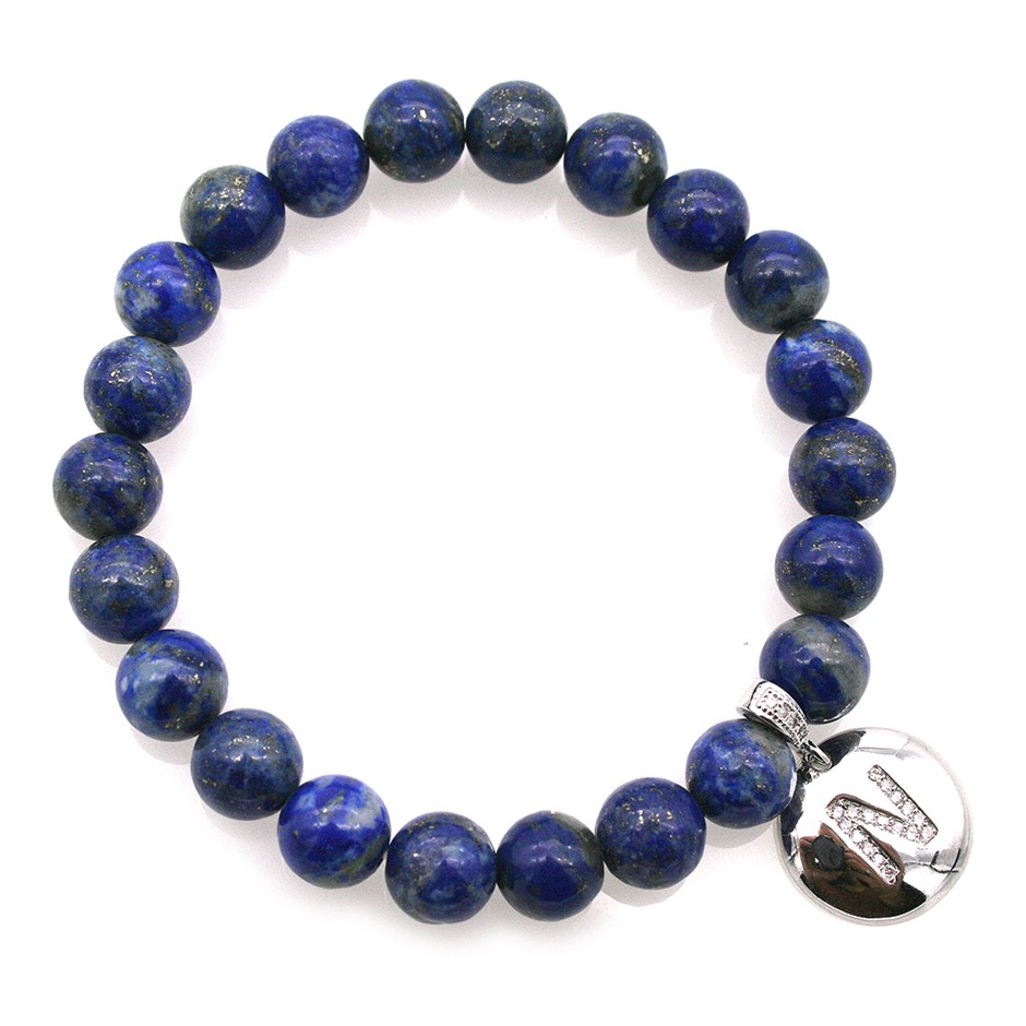 Round Lapis Lazuli & Letter 'N' Platinum Plated with CZ Bracelet