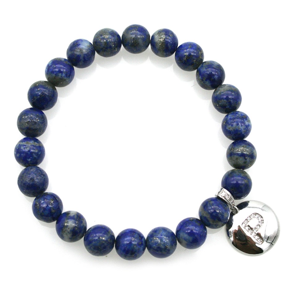 Round Lapis Lazuli & Letter 'P' Platinum Plated with CZ  Bracelet