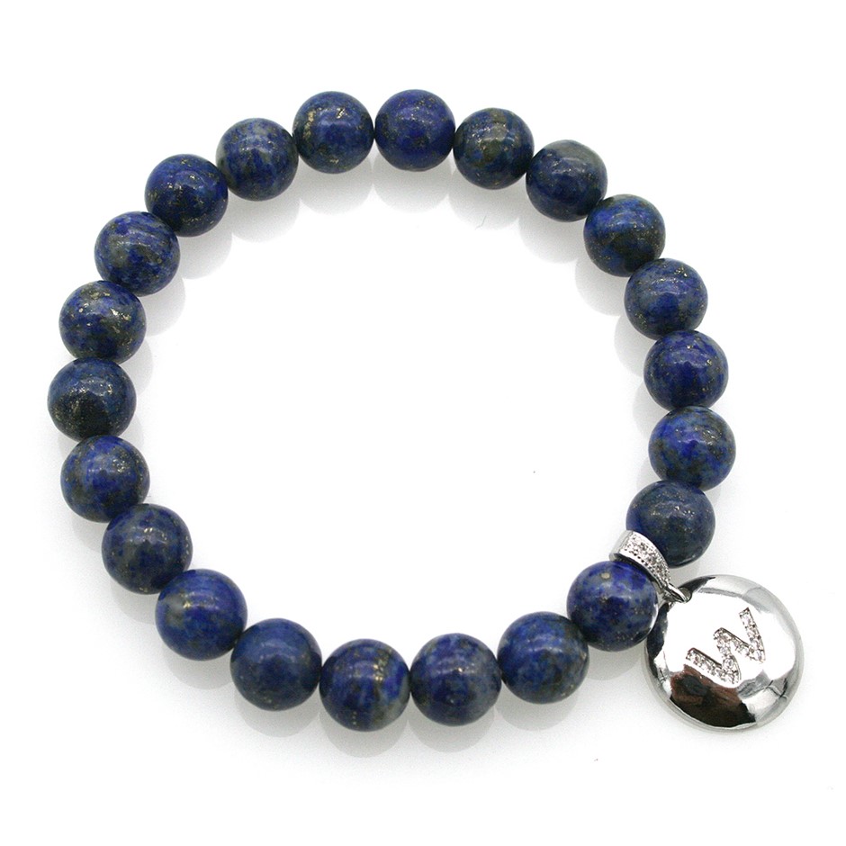 Round Lapis Lazuli & Letter 'W' Platinum Plated with CZ Bracelet