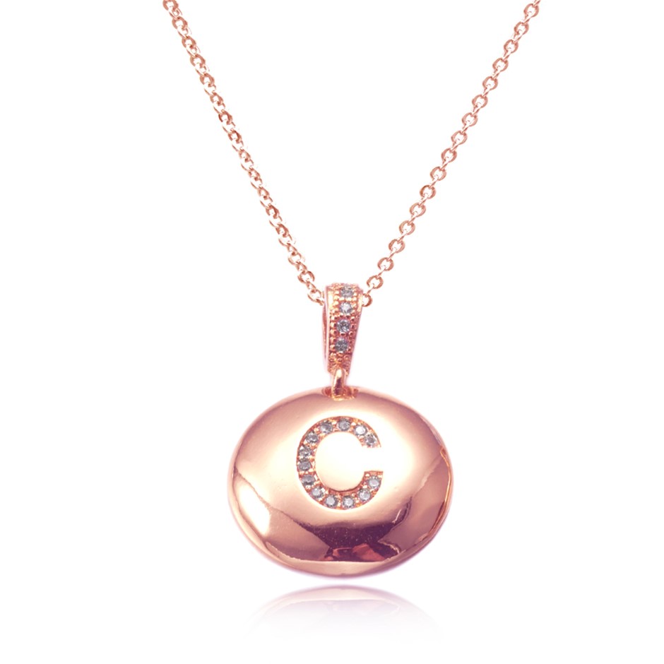 Initial Letter 'C' Charm Rose Gold Plated Pendant Necklace & Cubic Zirconia