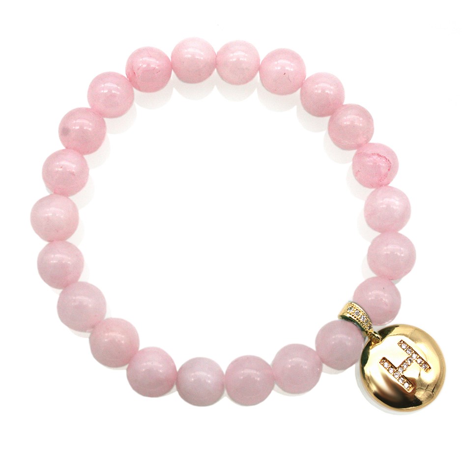 Round Rose Quartz & Letter 'H' Gold Plated with CZ Bracelet