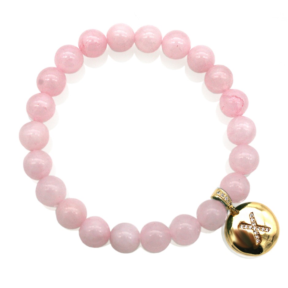 Round Rose Quartz & Letter 'X' Gold Plated with CZ Bracelet