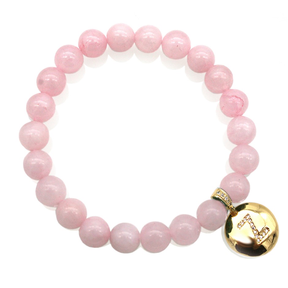 Round Rose Quartz & Letter 'Z' Gold Plated with CZ  Bracelet