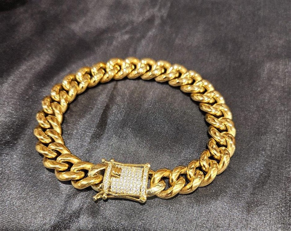 Italy 18K Yellow Gold Plated Cuban Bracelet (18K/Italy)stamped-20cm-12mm