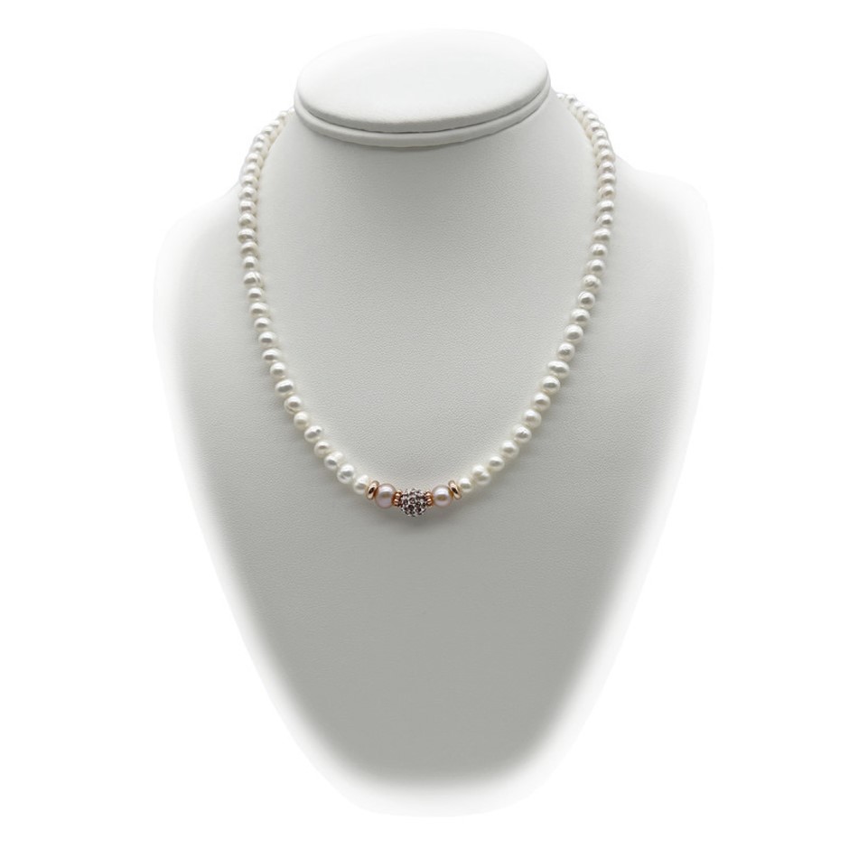 5-6mm White Pearls with Pink Rhinestone Rose Gold Plated Necklace