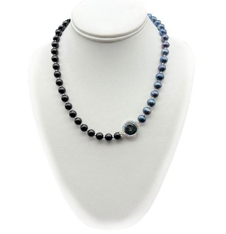 Freshwater, Baroque Pearl & Black Agate with Real Platinum Plated Necklace