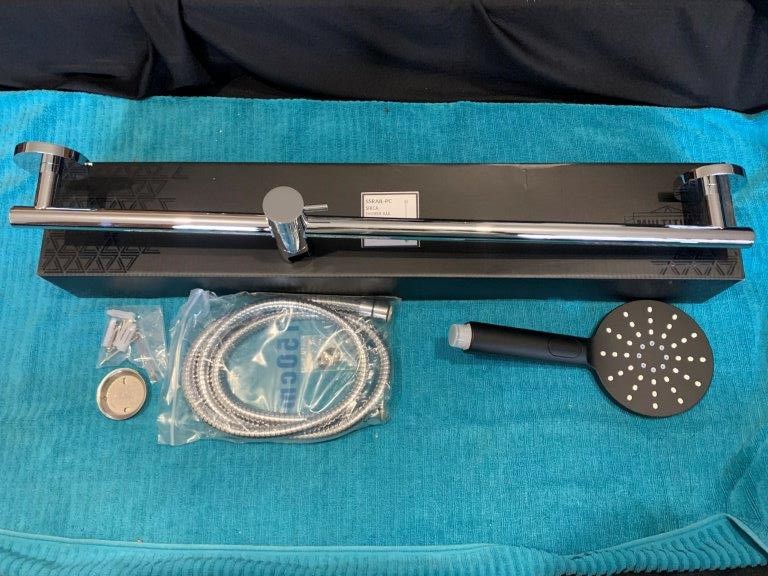 New in Box Chrome Shower Rail with Black Hand Held - Quantity 1