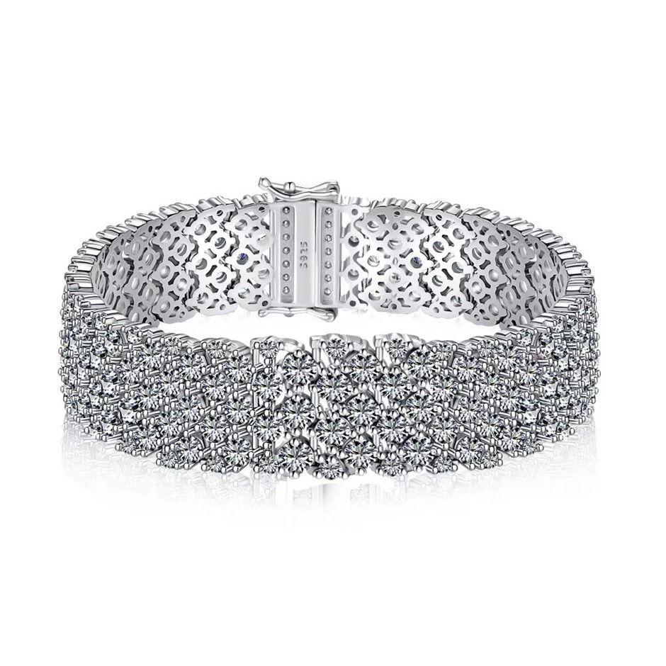 Wide Simulated Diamonds 925 Silver Tennis Bracelet-17cm