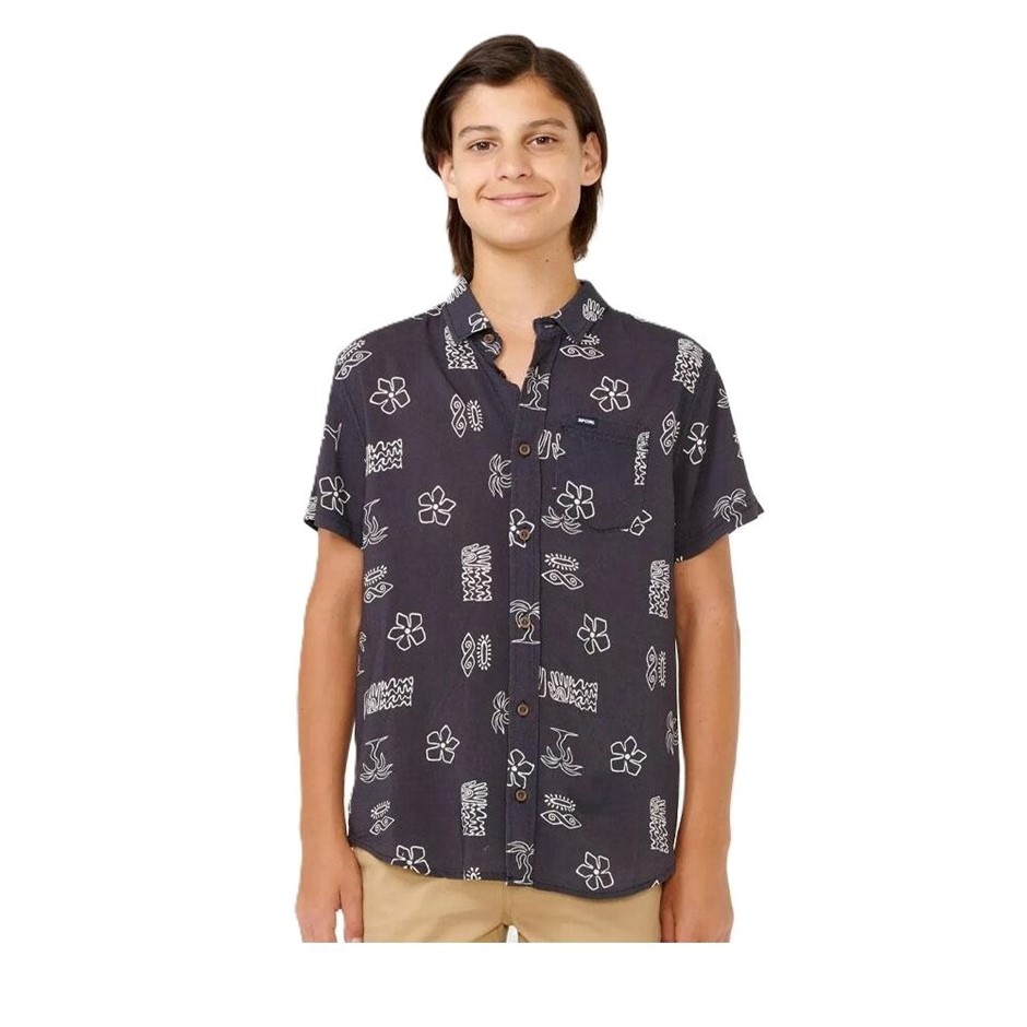 RIP CURL Boy's Evolution Short Sleeves Shirt - Black, Size 12. RRP: $60. B