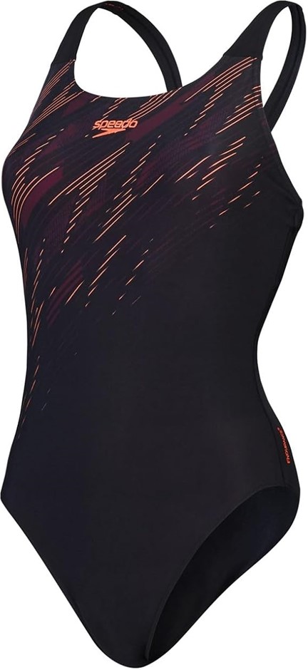 SPEEDO Women's Hyperboom Muscleback One Piece Swimsuit, Black/Siren Red/Plu