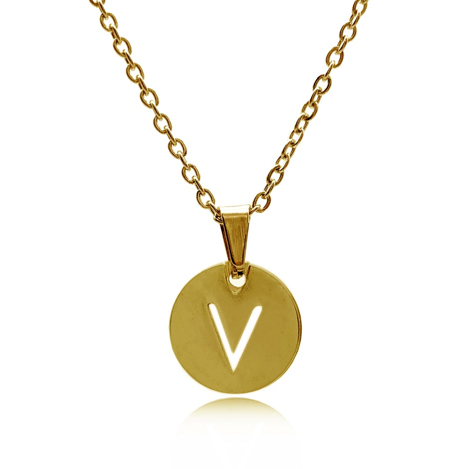 Initial Charm Letter 'V' Gold Plated Pendant Necklace