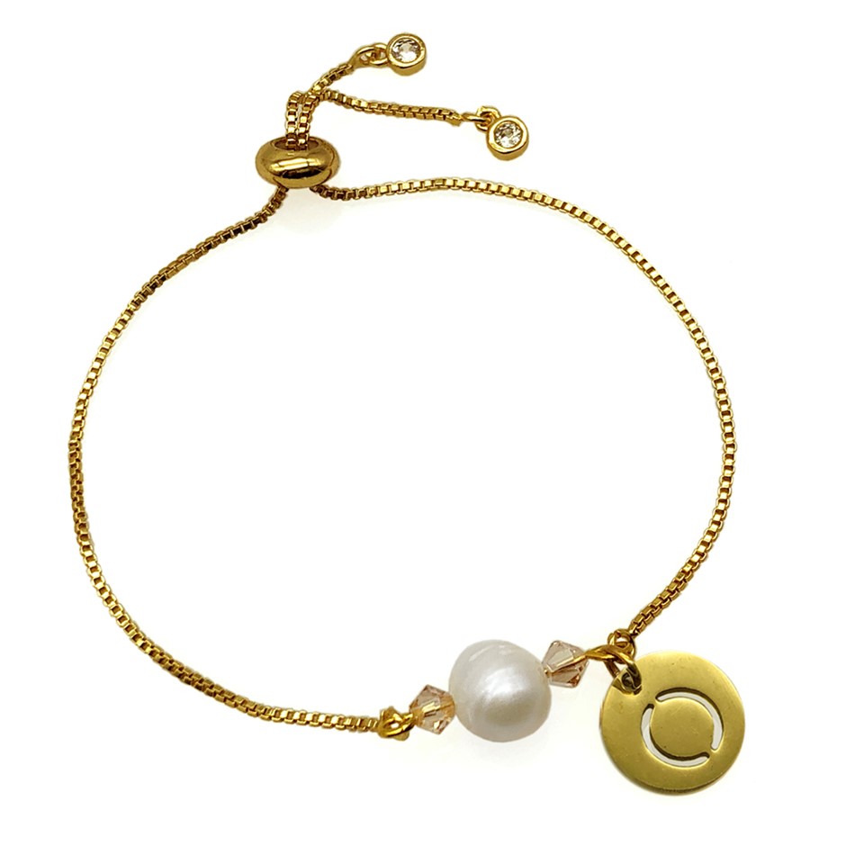 8-9mm Pearl & Swarovski Crystal & Initial Letter 'O' Charm Bracelet