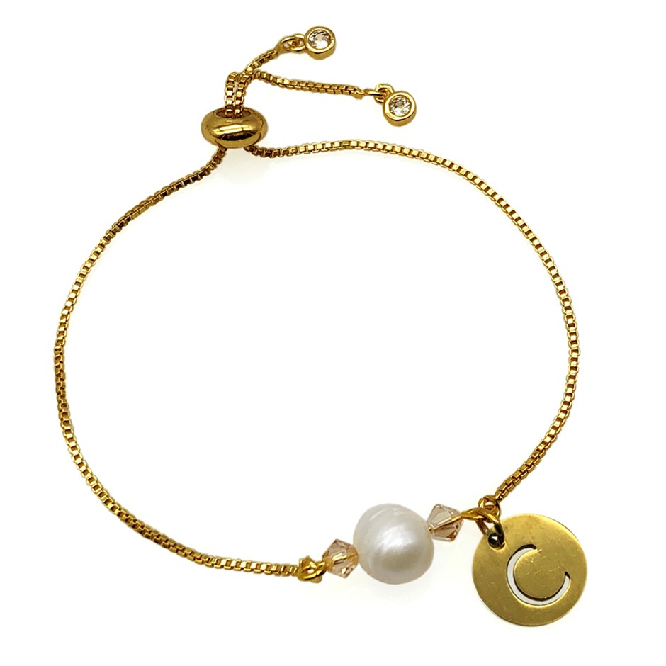 8-9mm Pearl & Swarovski Crystal & Initial Letter 'C' Charm Bracelet