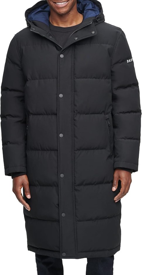 DKNY Men's Arctic Cloth Hooded Extra Long Parka Jacket, Black, Small