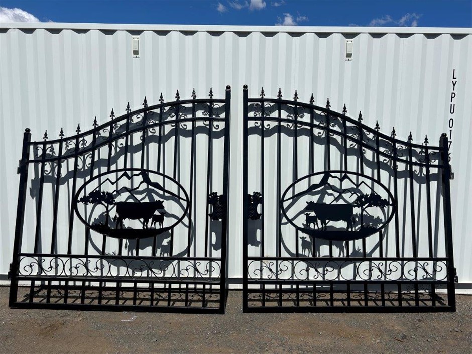 Set of 2 7ft Cow Design Wrought Iron Style Gates (Unused)