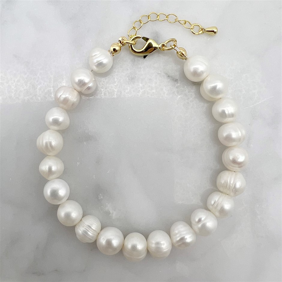 7-8mm Potato Shape Pearl with Real 18k Gold Plated Bracelet