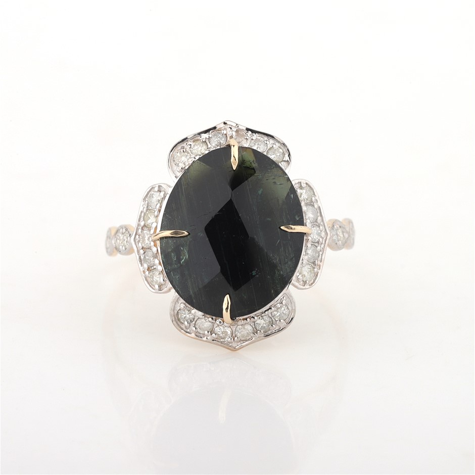 Yellow Gold Natural Tourmaline & Diamond Ring with Valuation