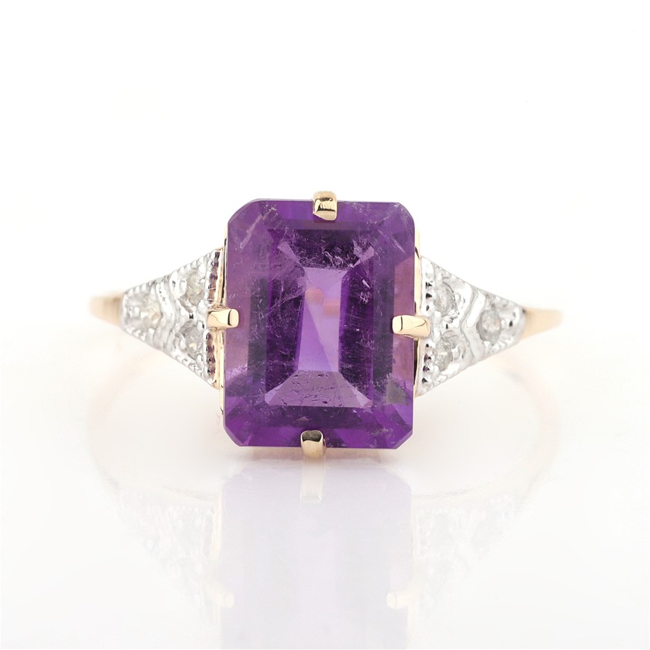 Yellow Gold Natural Amethyst & Diamond Ring  with valuation