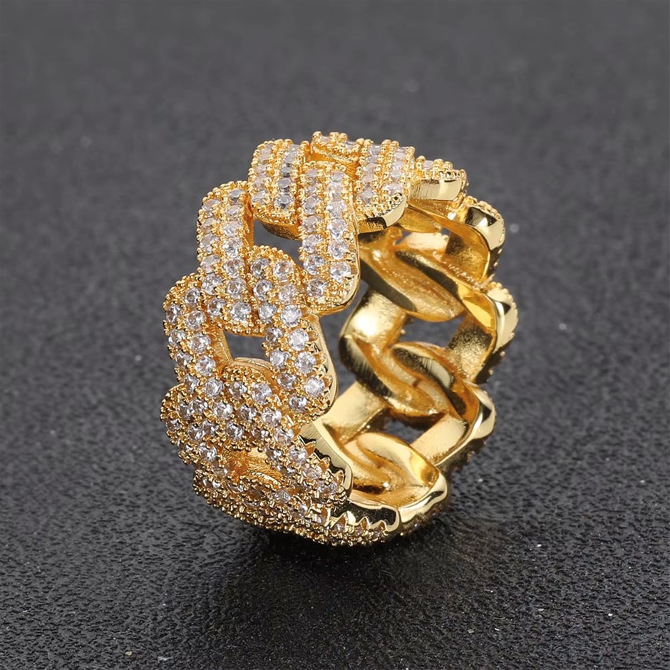 18K Gold-Filled Cuban Iced Out Ring with Simulated Diamonds - Size 9