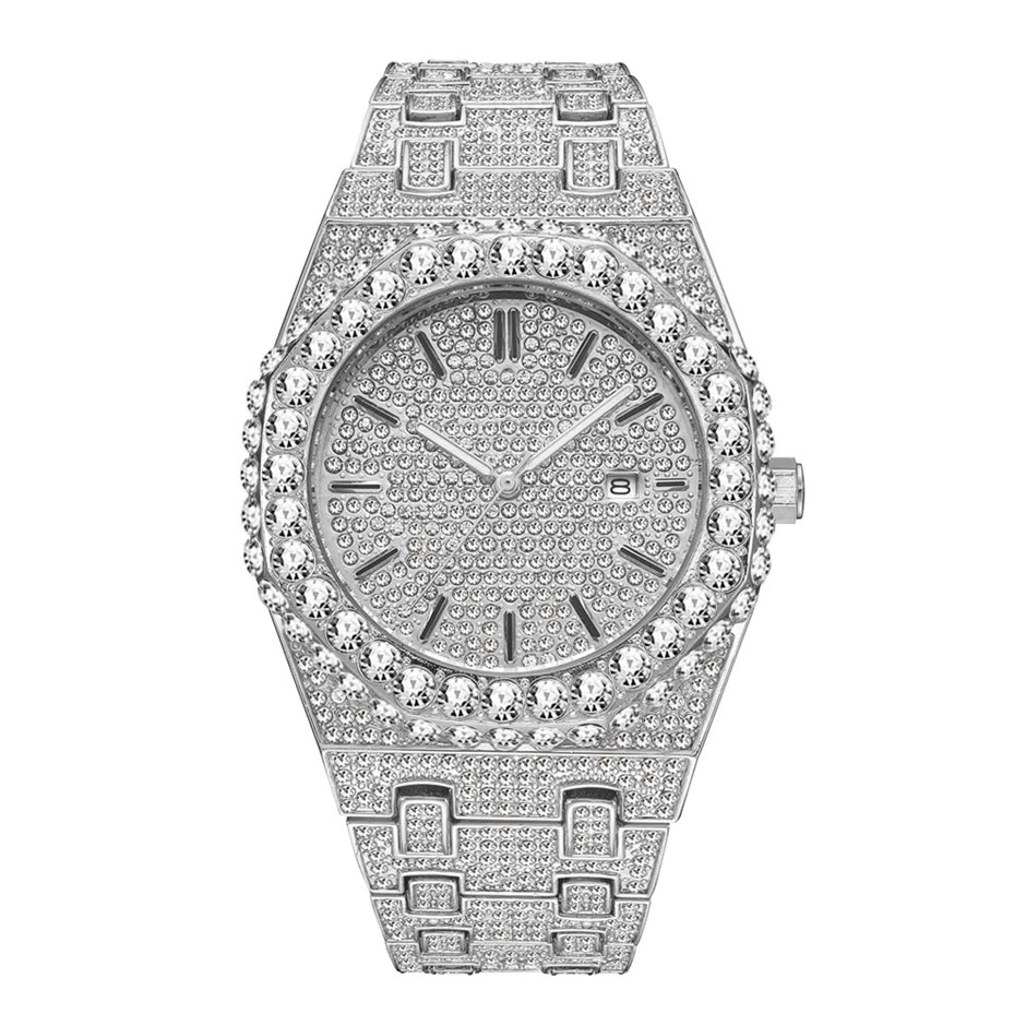 Luxury 18K White Gold Plated Full Diamond Quartz Iced Out Wrist Watch