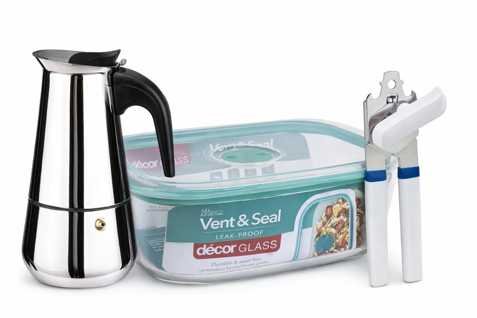 3 x KITCHEN: Cuisena Deluxe Can & Bottle Opener + Decor Vent & Seal Glass C