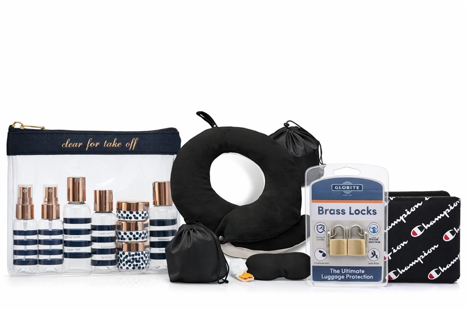 TRAVEL BUNDLE: BUYUE Kids Travel Neck Pillow + MIAMICA TSA Toiletry Kit (12