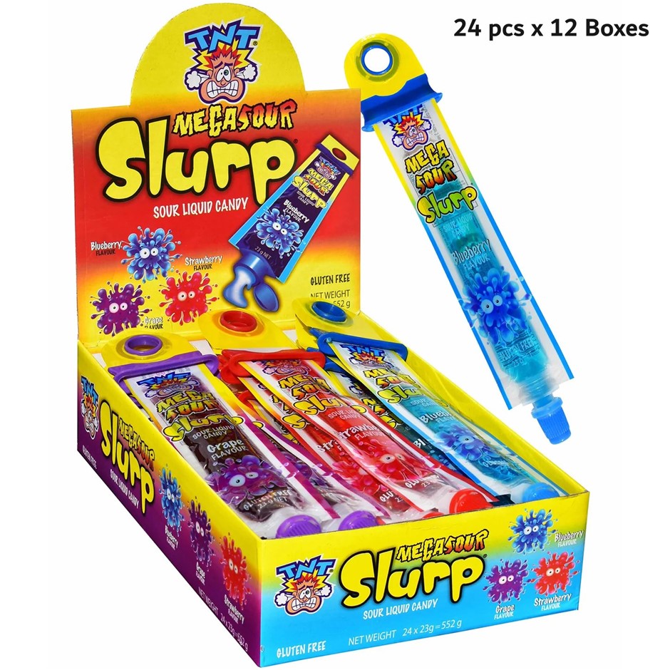 TNT Mega Sour Slurp Strawberry, Blueberry, Grape (23g x 24 x 12 Boxes) BB: