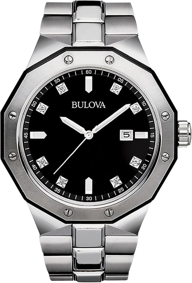 BULOVA Men's Classic Stainless Steel Diamond Dial Quartz Watch, Silver-Tone