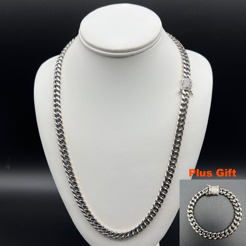 Silver-Filled Cuban Necklace with Simulated Diamond Clasp, 8MM -  55.8cm