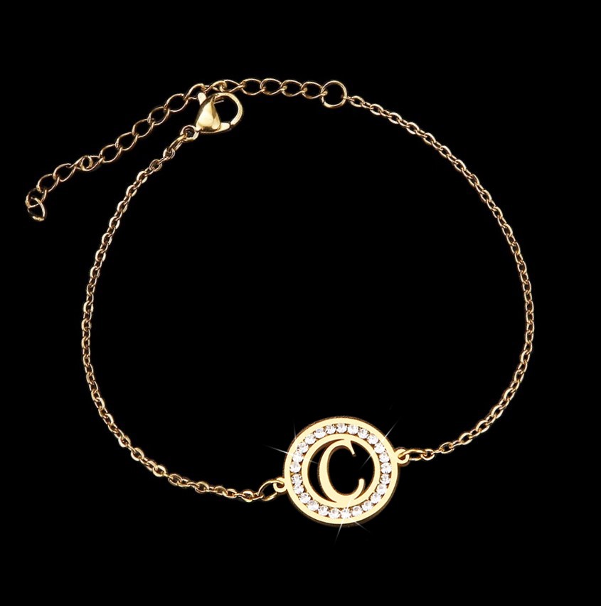Stainless Steel Initial 'C' Bracelet with Simulated Diamonds - Yellow