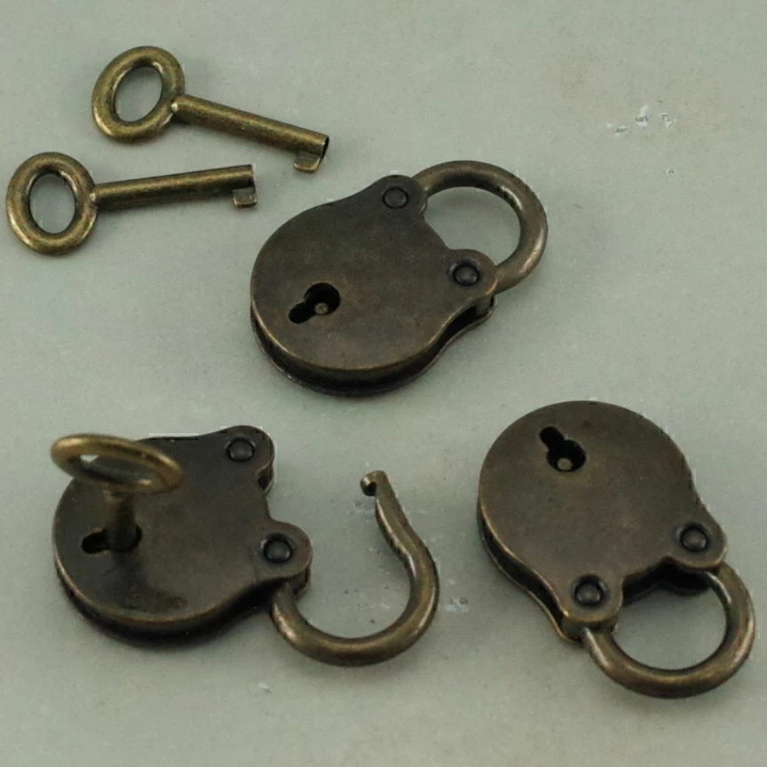 3 X Old Vintage Antique Bronze Mini Padlocks W/ Keys