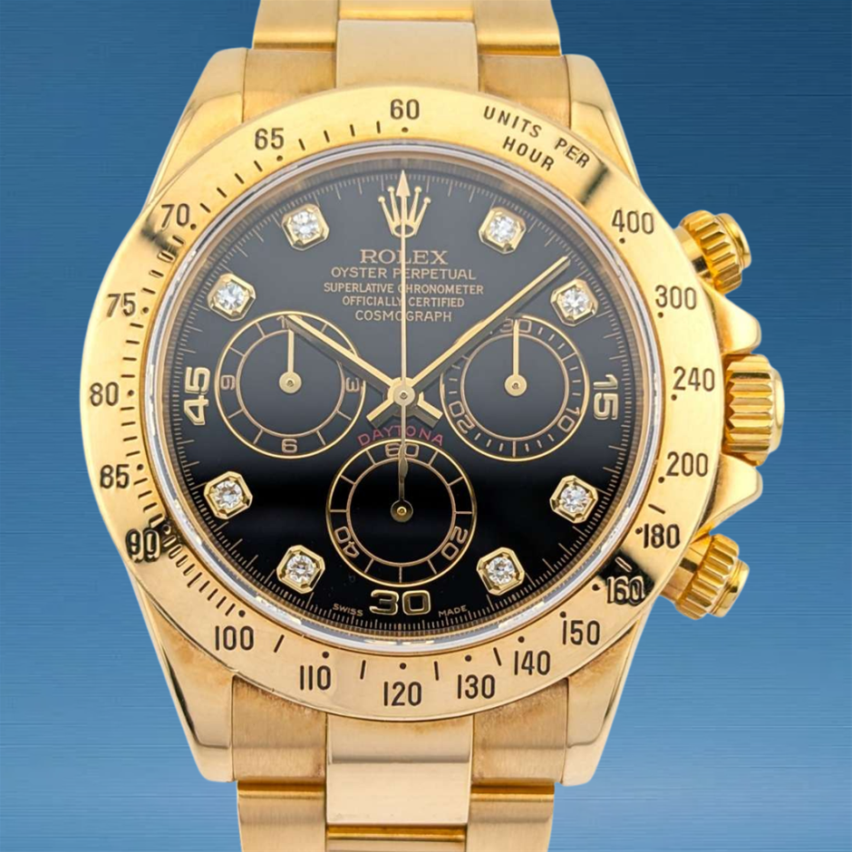 Rolex 116528 Daytona 18k Yellow Gold Diamonds 40mm 2005 BxP & COA